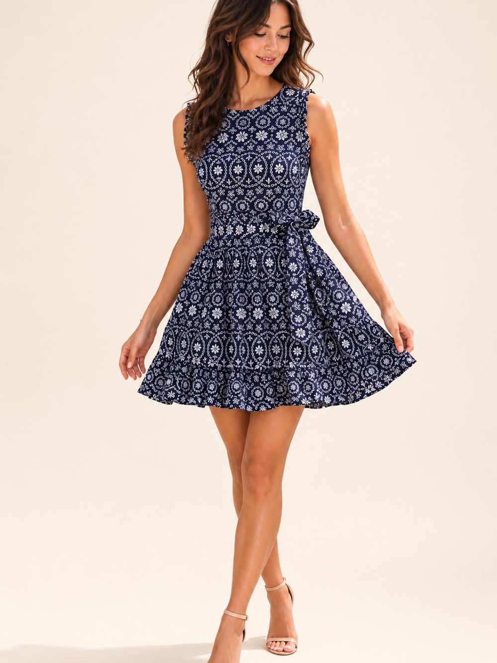 Kate Spade Navy Blue Patterned Sleeveless Fit-and-Flare Dress